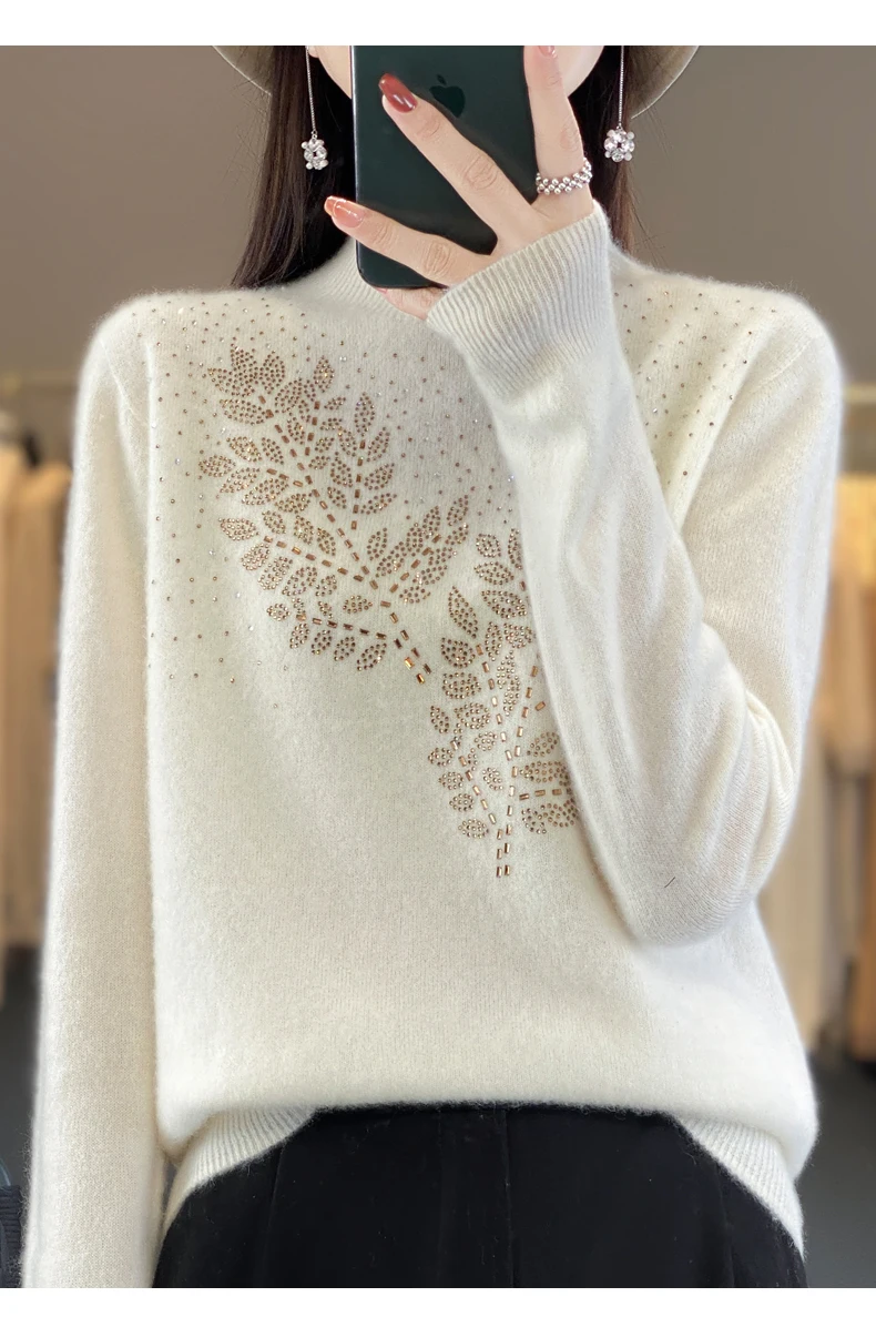 Women Autumn Winter Pure Wool Thickening Sweater Half-high Collar Leaf studded With Diamonds Pullover Female Knitted Basis Top
