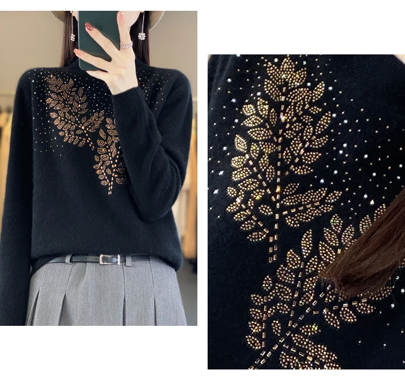 Women Autumn Winter Pure Wool Thickening Sweater Half-high Collar Leaf studded With Diamonds Pullover Female Knitted Basis Top