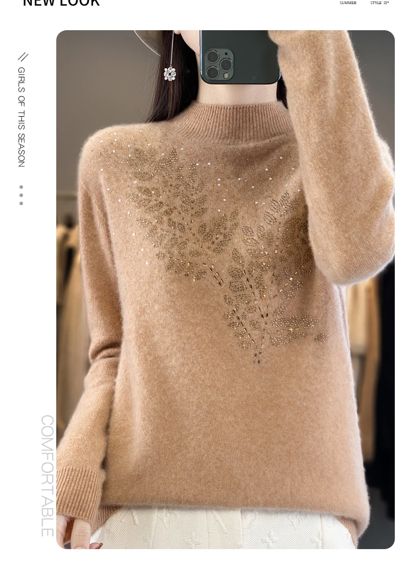 Women Autumn Winter Pure Wool Thickening Sweater Half-high Collar Leaf studded With Diamonds Pullover Female Knitted Basis Top