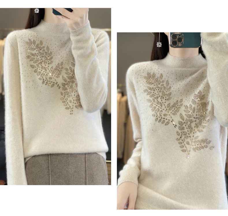 Women Autumn Winter Pure Wool Thickening Sweater Half-high Collar Leaf studded With Diamonds Pullover Female Knitted Basis Top