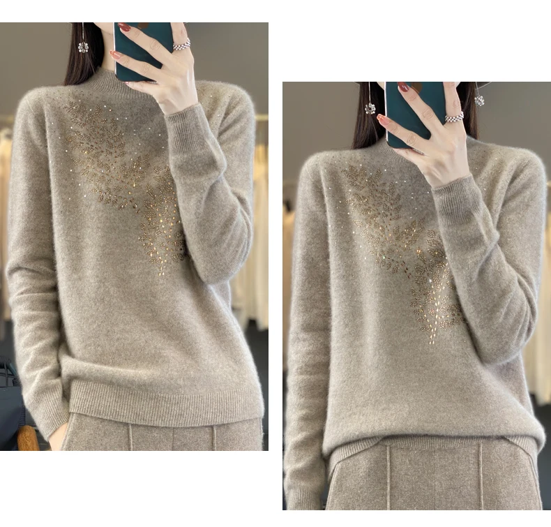 Women Autumn Winter Pure Wool Thickening Sweater Half-high Collar Leaf studded With Diamonds Pullover Female Knitted Basis Top