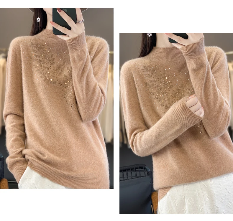 Women Autumn Winter Pure Wool Thickening Sweater Half-high Collar Leaf studded With Diamonds Pullover Female Knitted Basis Top