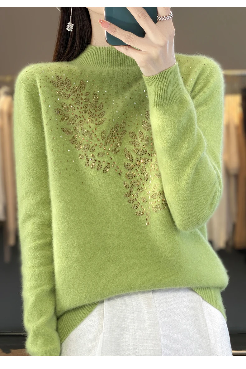 Women Autumn Winter Pure Wool Thickening Sweater Half-high Collar Leaf studded With Diamonds Pullover Female Knitted Basis Top