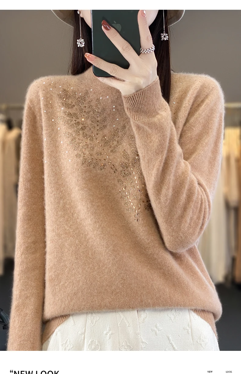 Women Autumn Winter Pure Wool Thickening Sweater Half-high Collar Leaf studded With Diamonds Pullover Female Knitted Basis Top