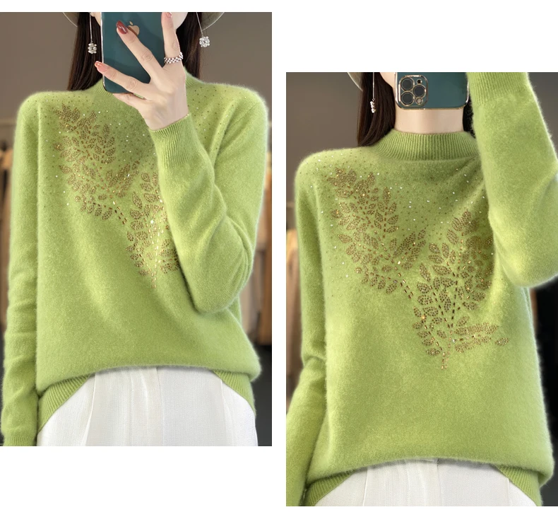 Women Autumn Winter Pure Wool Thickening Sweater Half-high Collar Leaf studded With Diamonds Pullover Female Knitted Basis Top