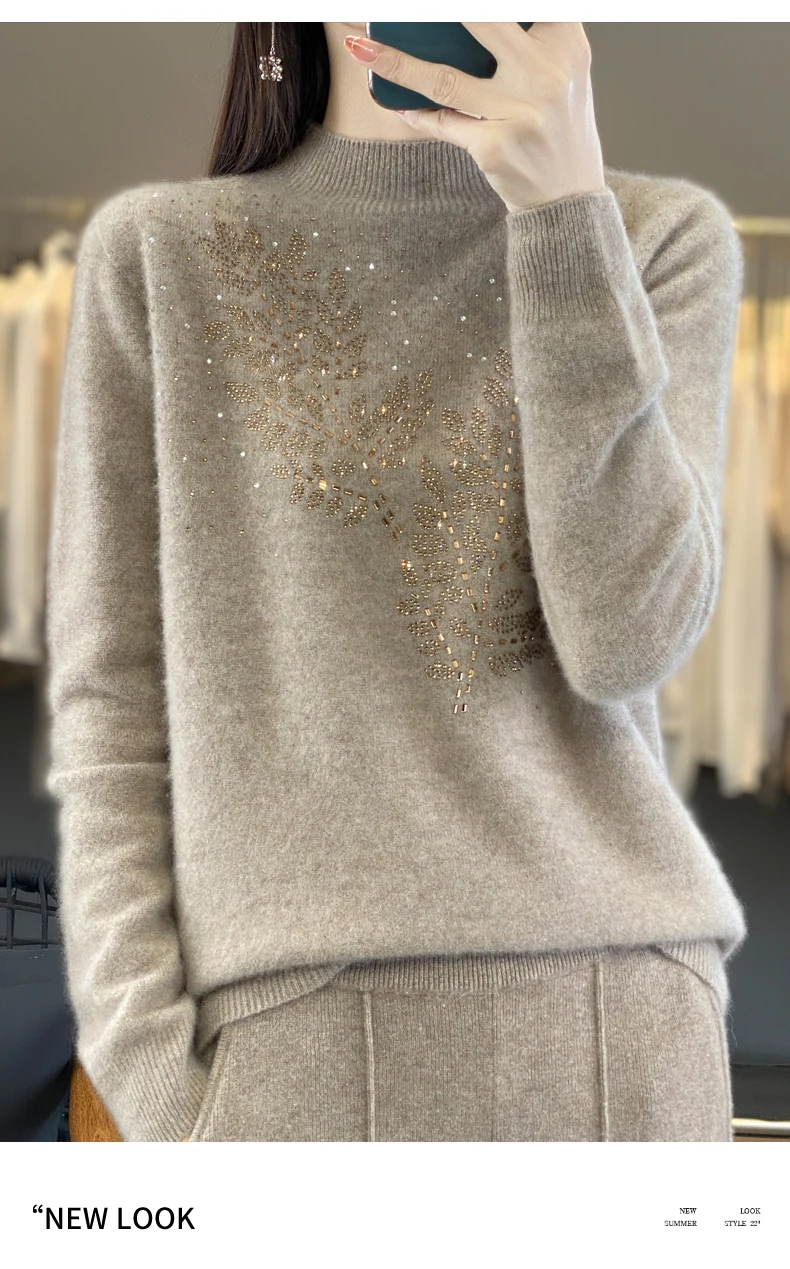 Women Autumn Winter Pure Wool Thickening Sweater Half-high Collar Leaf studded With Diamonds Pullover Female Knitted Basis Top