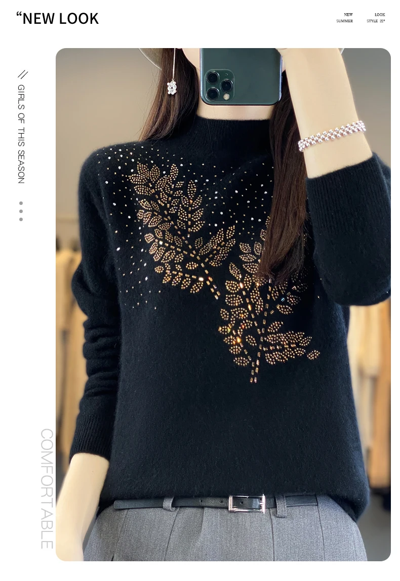 Women Autumn Winter Pure Wool Thickening Sweater Half-high Collar Leaf studded With Diamonds Pullover Female Knitted Basis Top