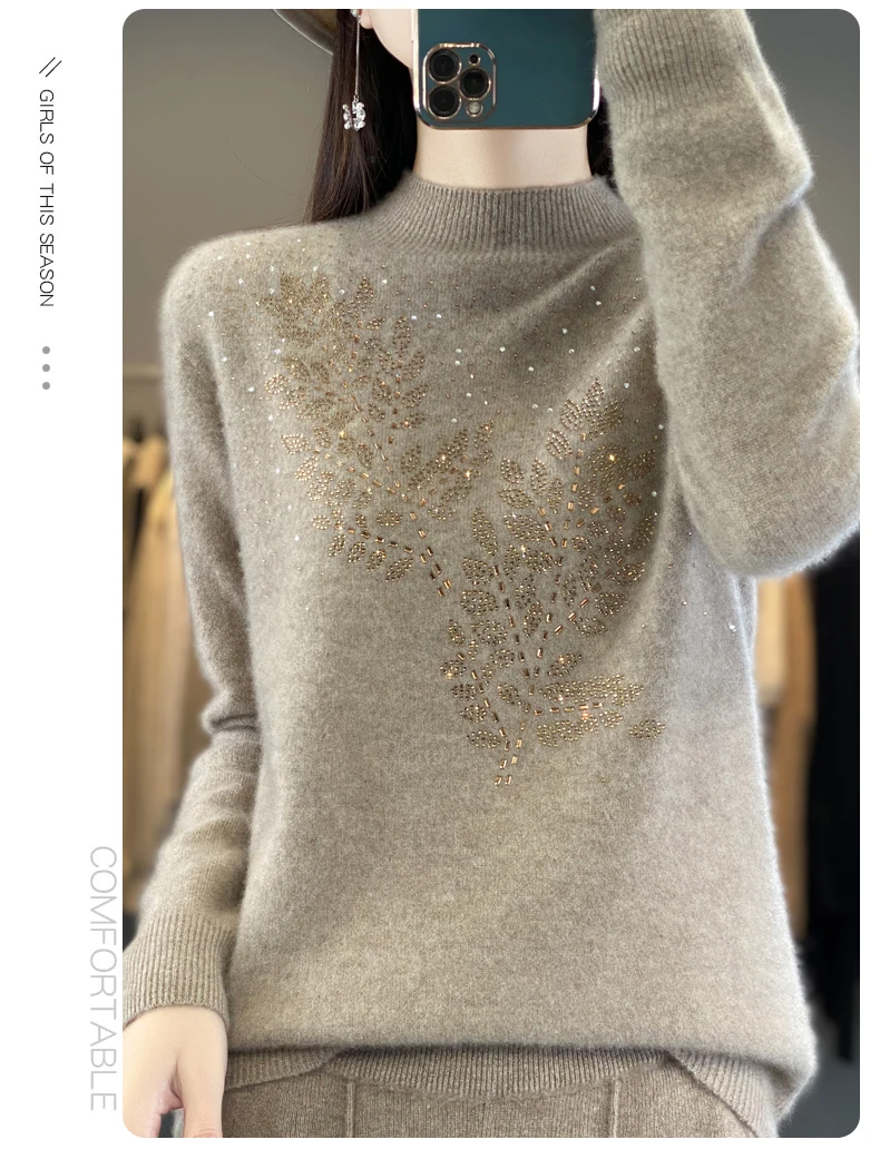 Women Autumn Winter Pure Wool Thickening Sweater Half-high Collar Leaf studded With Diamonds Pullover Female Knitted Basis Top