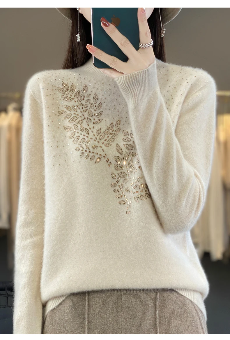 Women Autumn Winter Pure Wool Thickening Sweater Half-high Collar Leaf studded With Diamonds Pullover Female Knitted Basis Top