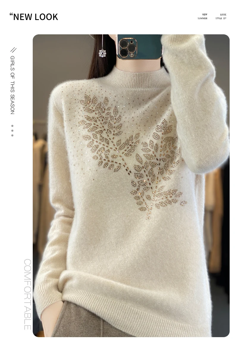 Women Autumn Winter Pure Wool Thickening Sweater Half-high Collar Leaf studded With Diamonds Pullover Female Knitted Basis Top