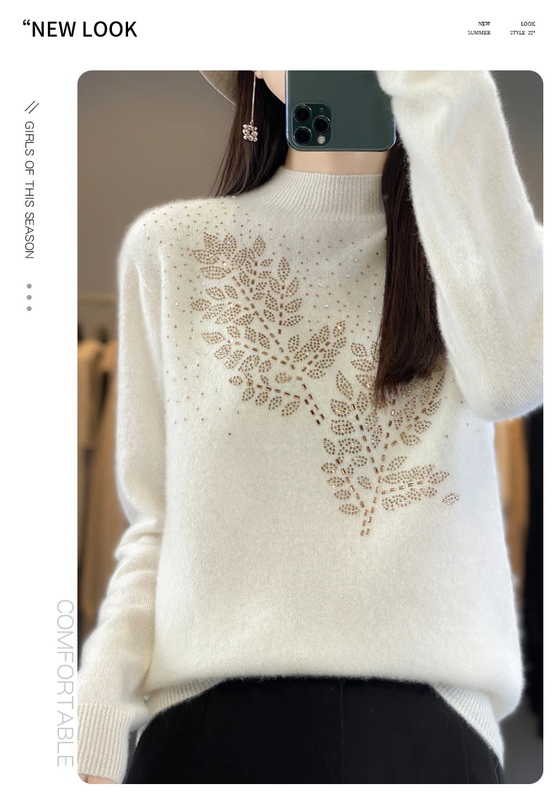 Women Autumn Winter Pure Wool Thickening Sweater Half-high Collar Leaf studded With Diamonds Pullover Female Knitted Basis Top