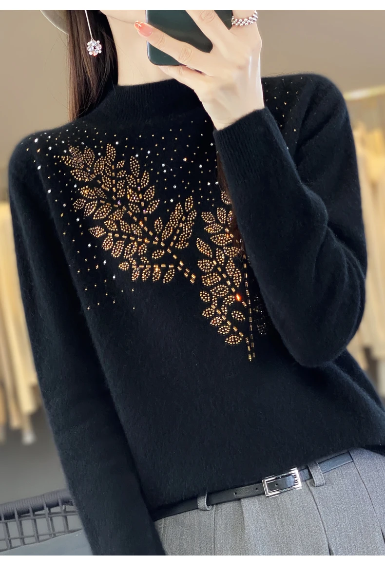 Women Autumn Winter Pure Wool Thickening Sweater Half-high Collar Leaf studded With Diamonds Pullover Female Knitted Basis Top