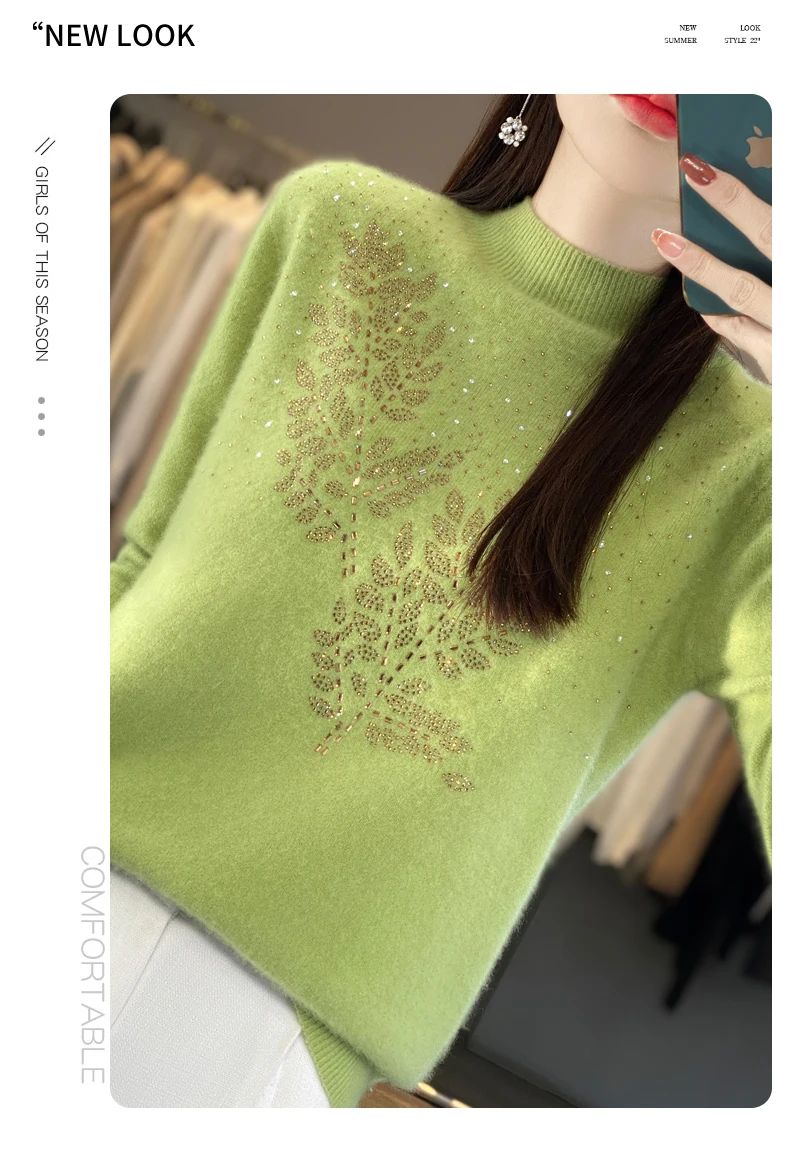 Women Autumn Winter Pure Wool Thickening Sweater Half-high Collar Leaf studded With Diamonds Pullover Female Knitted Basis Top
