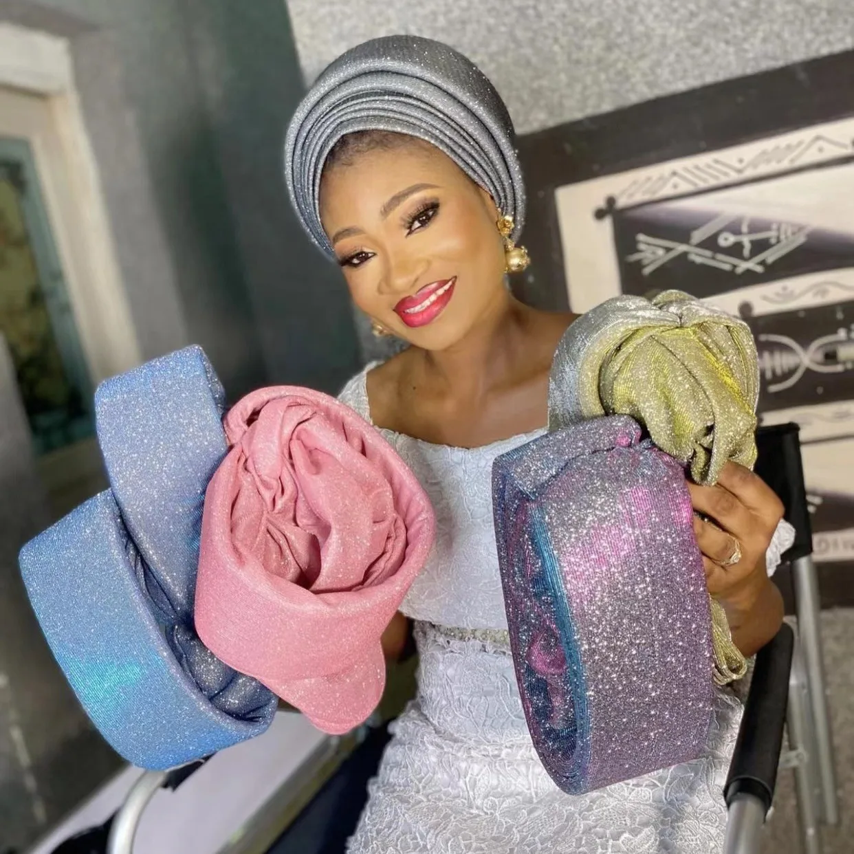 Shining Women's Turban Cap Multilayer African Head Wraps Headtie Female Wedding Party Headpiece Daily Headscarf