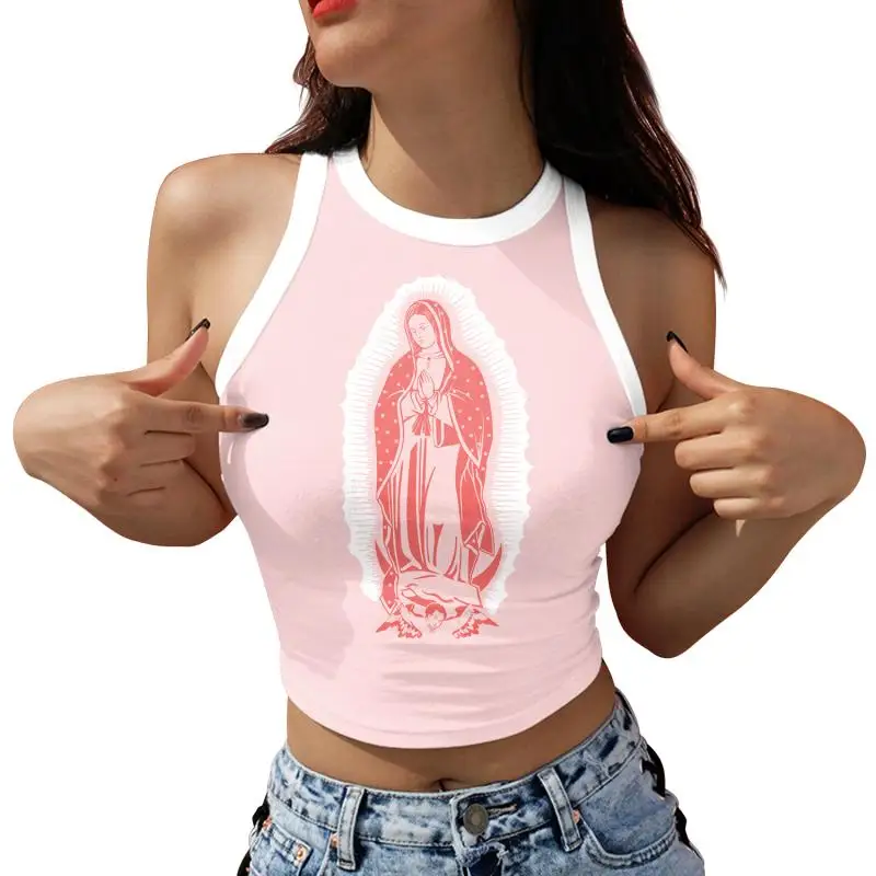 NADANBAO Our Lady of Guadalupe Crop Top Girl Sleeveless Mini Top Women O-neck Sexy Vest Virgin Mary Streetwear Spring Summer