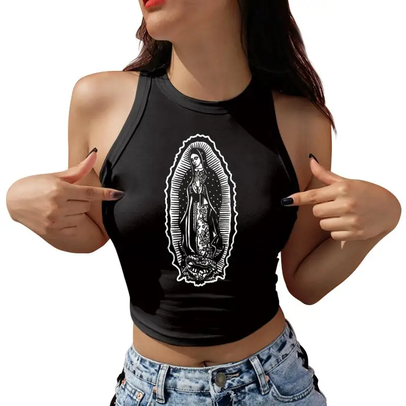 NADANBAO Our Lady of Guadalupe Crop Top Girl Sleeveless Mini Top Women O-neck Sexy Vest Virgin Mary Streetwear Spring Summer