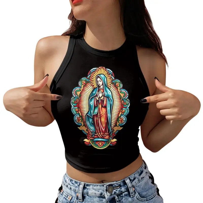 NADANBAO Our Lady of Guadalupe Crop Top Girl Sleeveless Mini Top Women O-neck Sexy Vest Virgin Mary Streetwear Spring Summer