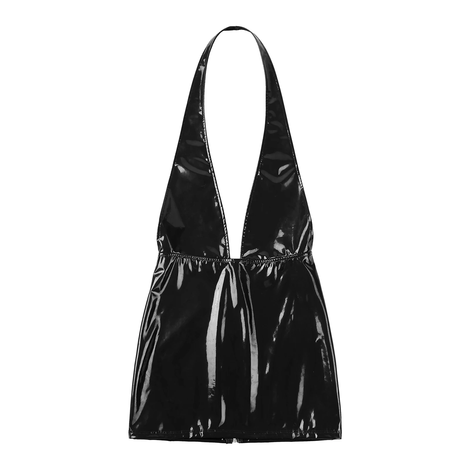 Womens Glossy Bodycon Dress Wet Look Patent Leather Zipper Closure V Neck Backless Skinny Mini Dress for Rave Party Clubbing