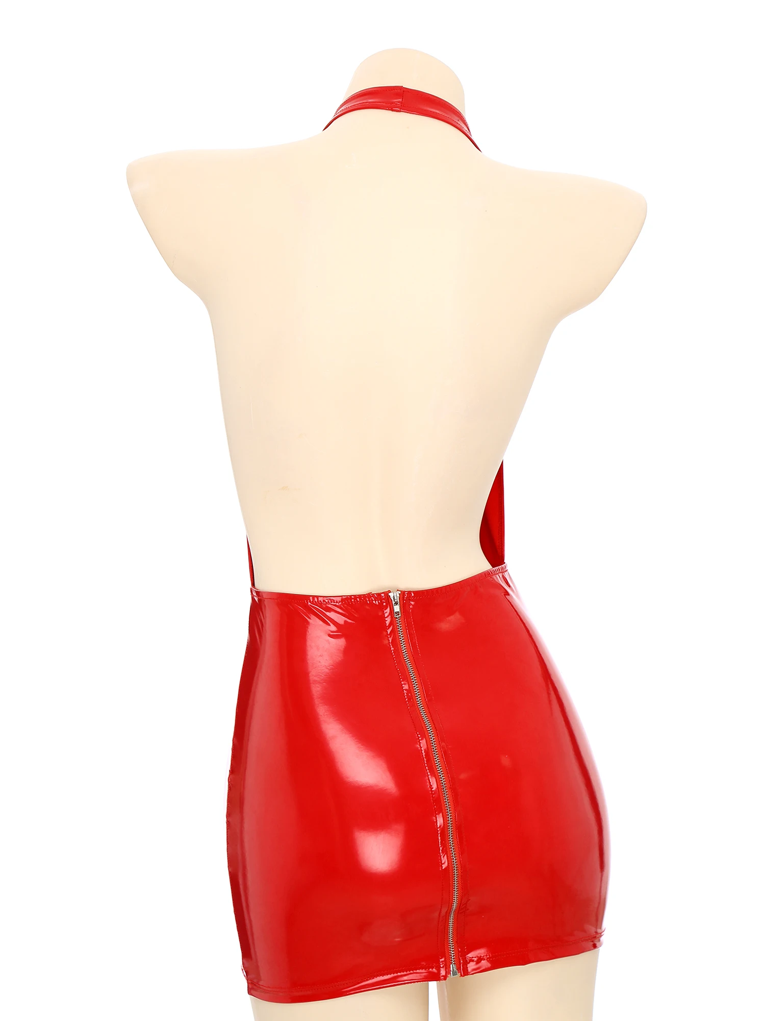 Womens Glossy Bodycon Dress Wet Look Patent Leather Zipper Closure V Neck Backless Skinny Mini Dress for Rave Party Clubbing