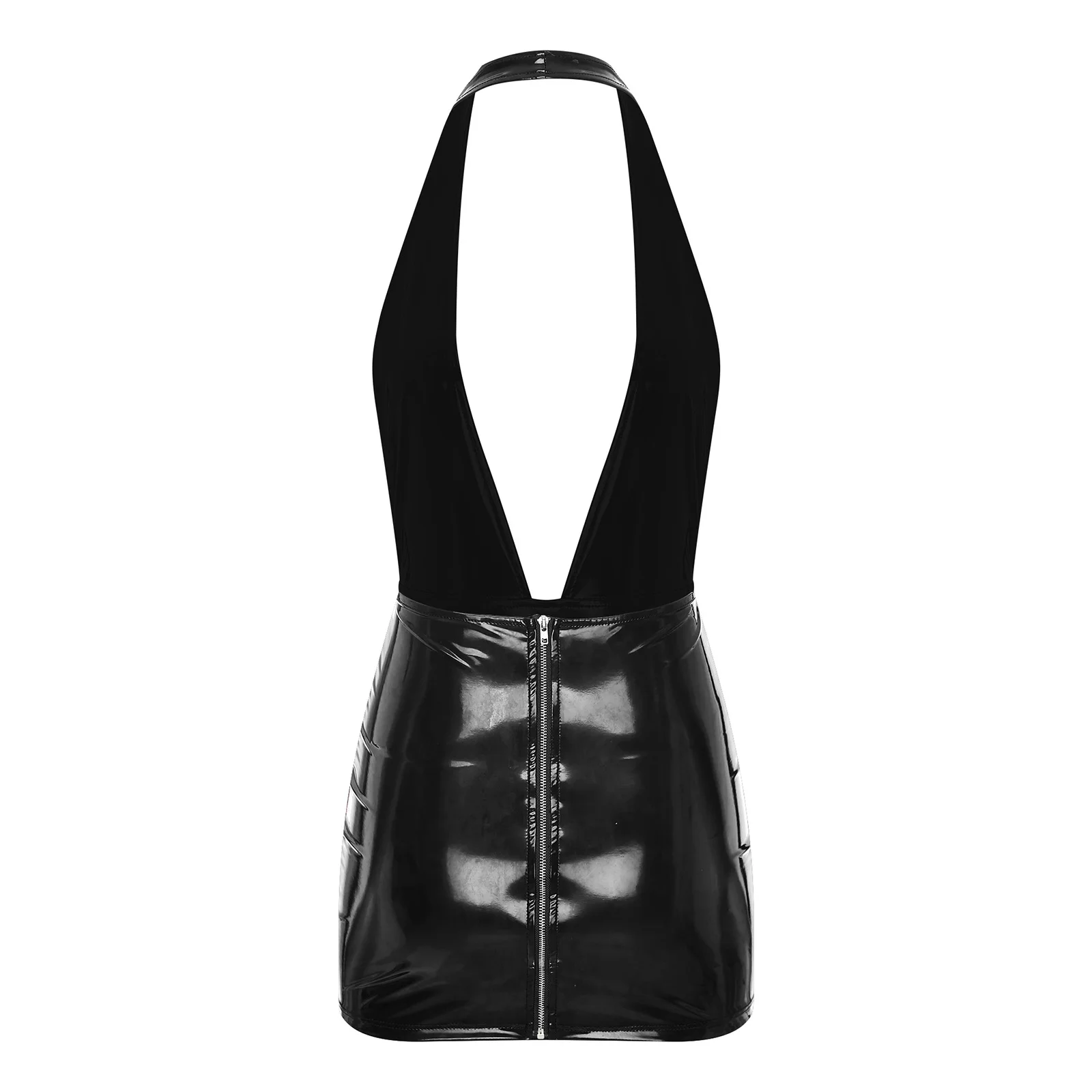 Womens Glossy Bodycon Dress Wet Look Patent Leather Zipper Closure V Neck Backless Skinny Mini Dress for Rave Party Clubbing