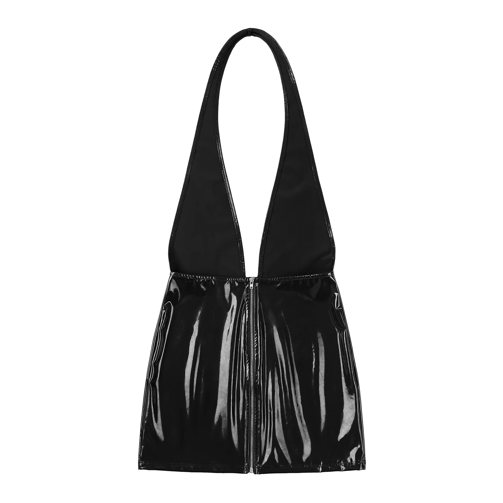 Womens Glossy Bodycon Dress Wet Look Patent Leather Zipper Closure V Neck Backless Skinny Mini Dress for Rave Party Clubbing