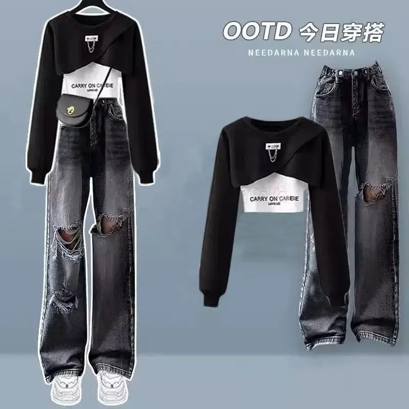 Women's Set Spring and Autumn Korean Edition Long Sleeved Top with Layered Tank Top+Perforated Jeans Three Piece Set Fashion