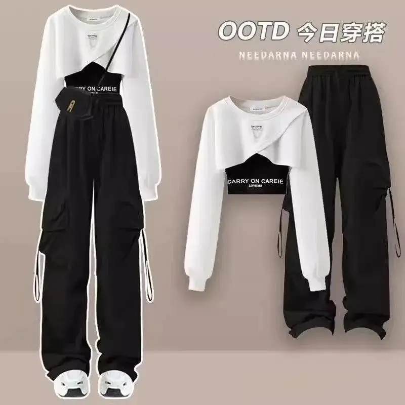 Women's Set Spring and Autumn Korean Edition Long Sleeved Top with Layered Tank Top+Perforated Jeans Three Piece Set Fashion