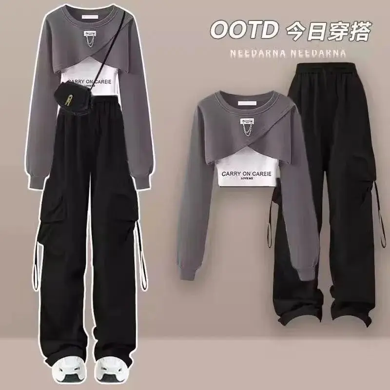 Women's Set Spring and Autumn Korean Edition Long Sleeved Top with Layered Tank Top+Perforated Jeans Three Piece Set Fashion