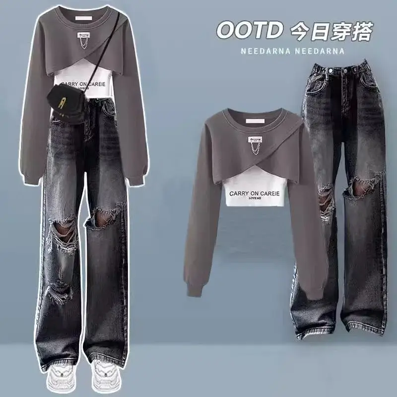 Women's Set Spring and Autumn Korean Edition Long Sleeved Top with Layered Tank Top+Perforated Jeans Three Piece Set Fashion