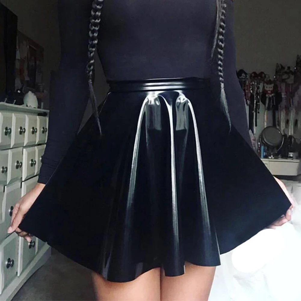 Fashion Women's Shinny Wet Look PVC Leather Pleated Skirt Solid Black A Line Party Clubwear Dance Mini Skirts Clothing