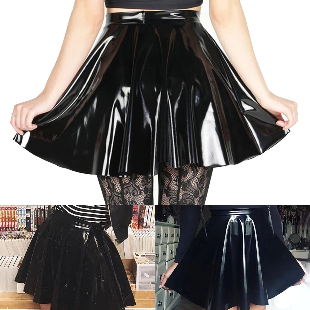 Fashion Women's Shinny Wet Look PVC Leather Pleated Skirt Solid Black A Line Party Clubwear Dance Mini Skirts Clothing