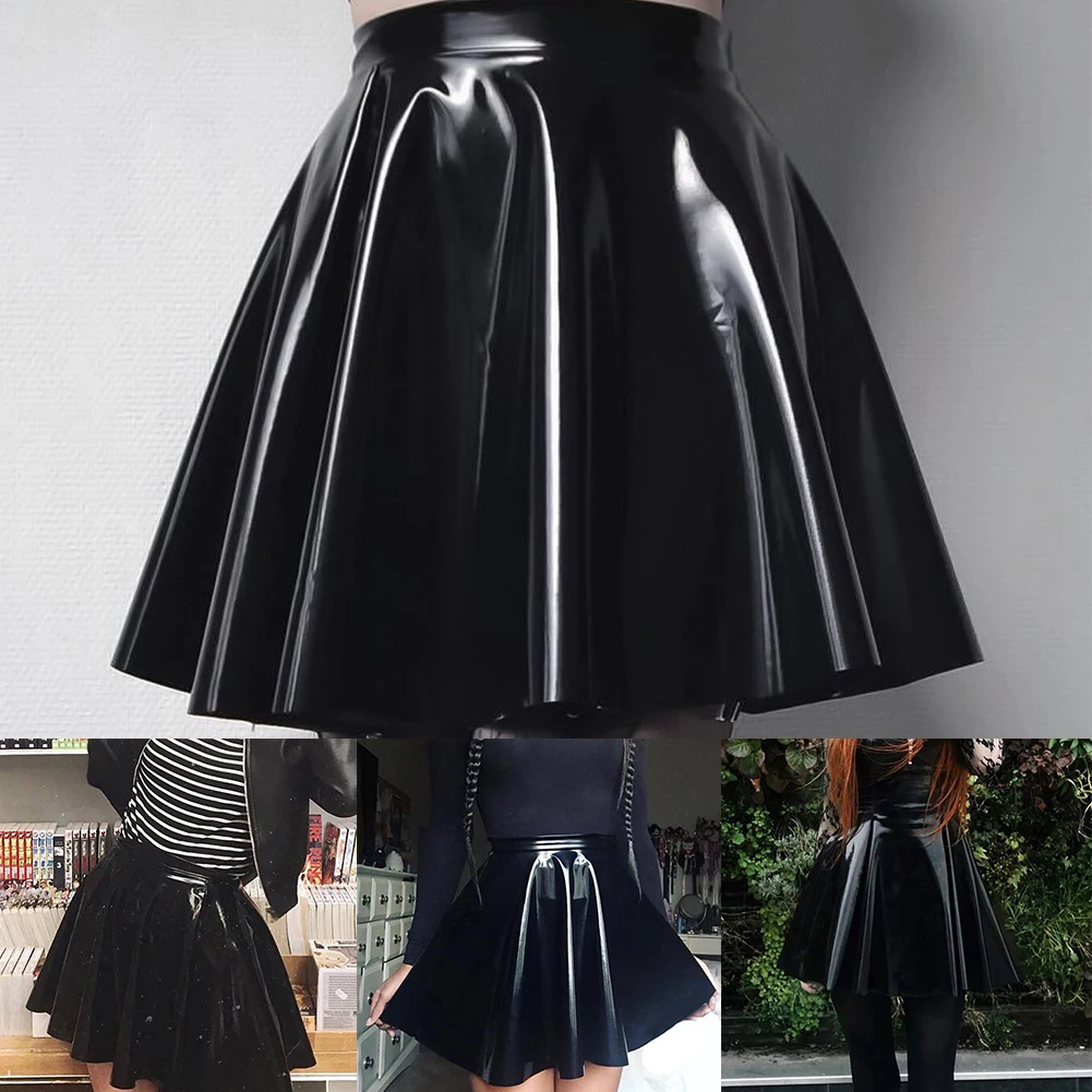 Fashion Women's Shinny Wet Look PVC Leather Pleated Skirt Solid Black A Line Party Clubwear Dance Mini Skirts Clothing