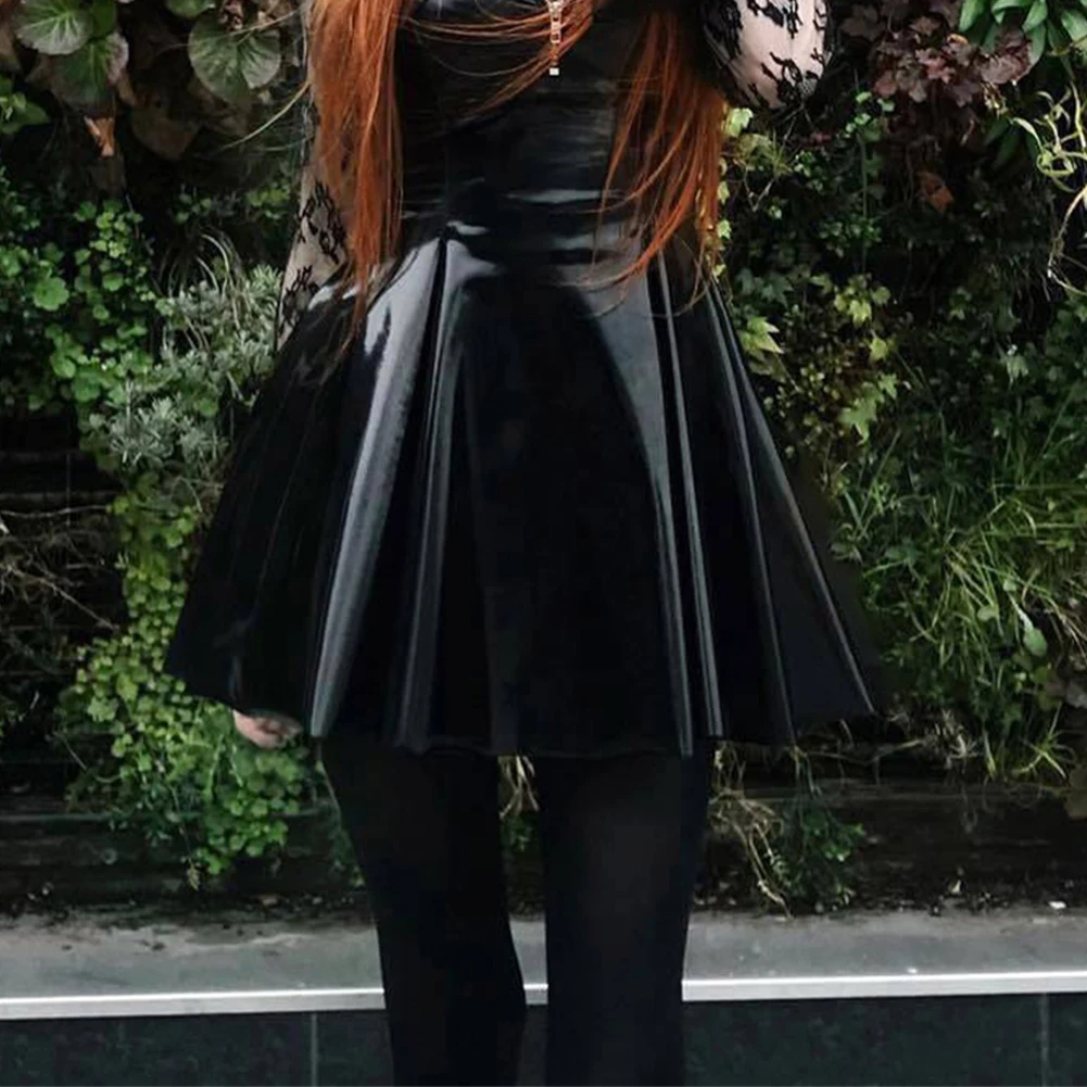 Fashion Women's Shinny Wet Look PVC Leather Pleated Skirt Solid Black A Line Party Clubwear Dance Mini Skirts Clothing