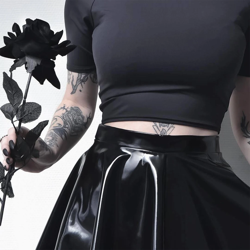 Fashion Women's Shinny Wet Look PVC Leather Pleated Skirt Solid Black A Line Party Clubwear Dance Mini Skirts Clothing