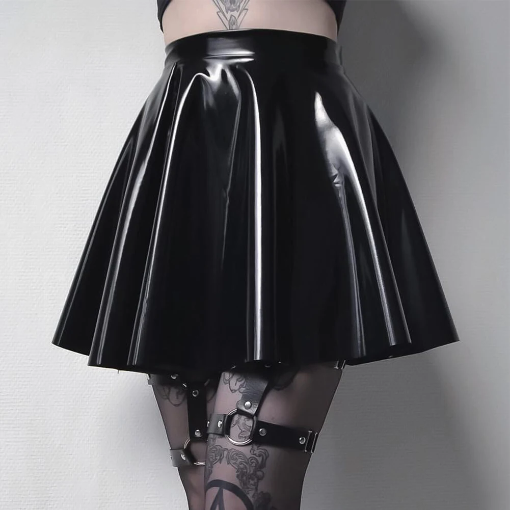 Fashion Women's Shinny Wet Look PVC Leather Pleated Skirt Solid Black A Line Party Clubwear Dance Mini Skirts Clothing