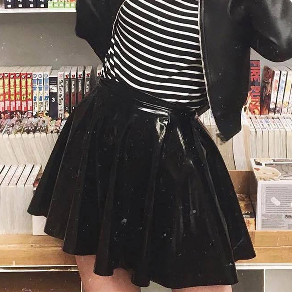 Fashion Women's Shinny Wet Look PVC Leather Pleated Skirt Solid Black A Line Party Clubwear Dance Mini Skirts Clothing