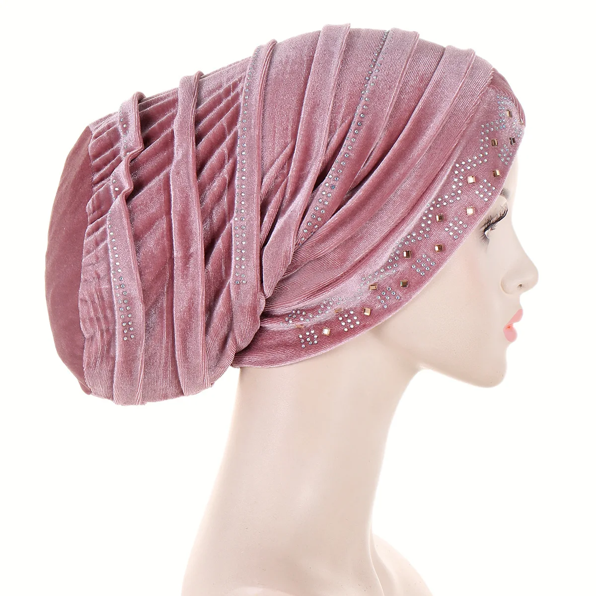 Glitter Diamonds Pleated Turban Cap Women Soft Velvet Head Wraps Caps Muslim Headscarf Bonnet Female Beanie Pullover Cap