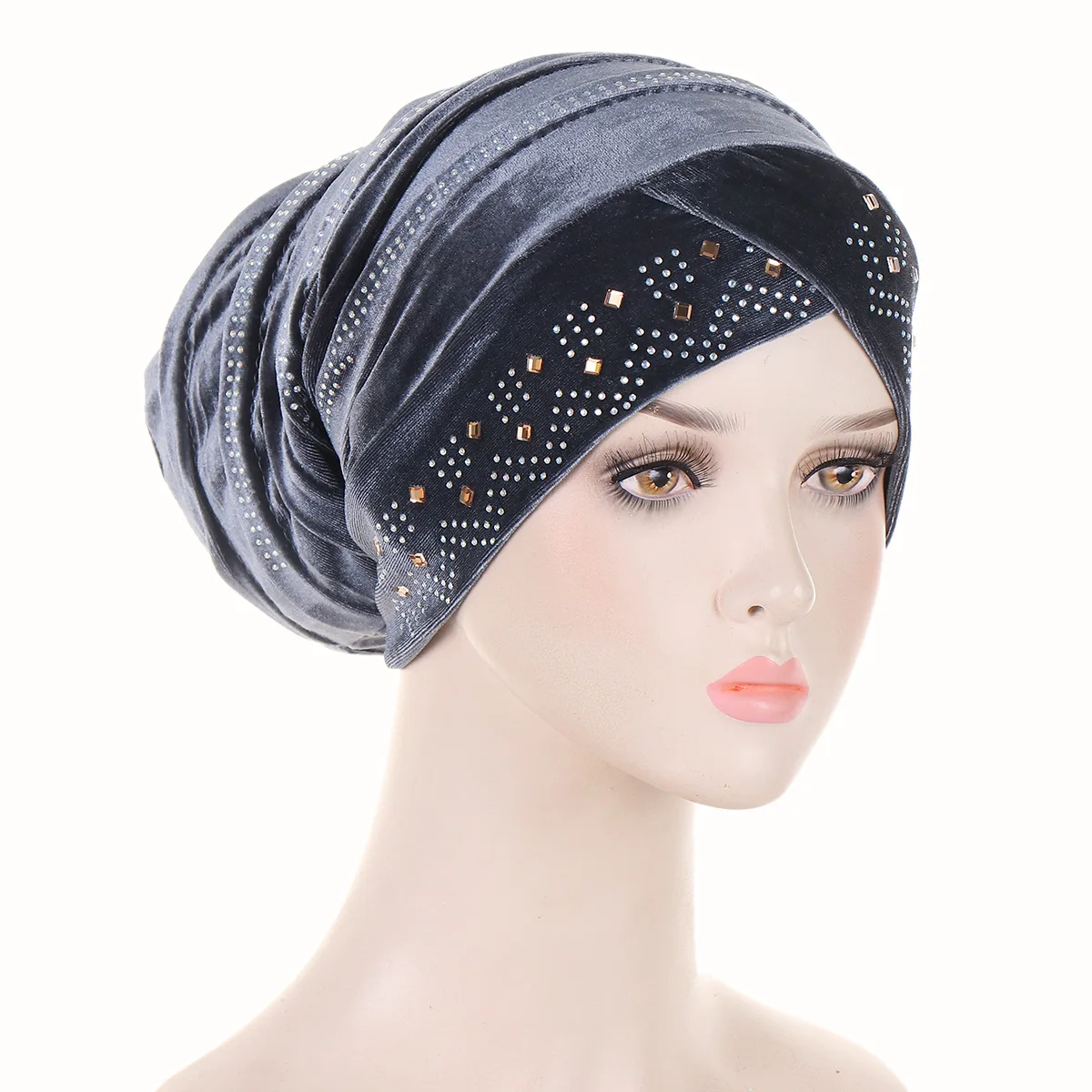 Glitter Diamonds Pleated Turban Cap Women Soft Velvet Head Wraps Caps Muslim Headscarf Bonnet Female Beanie Pullover Cap