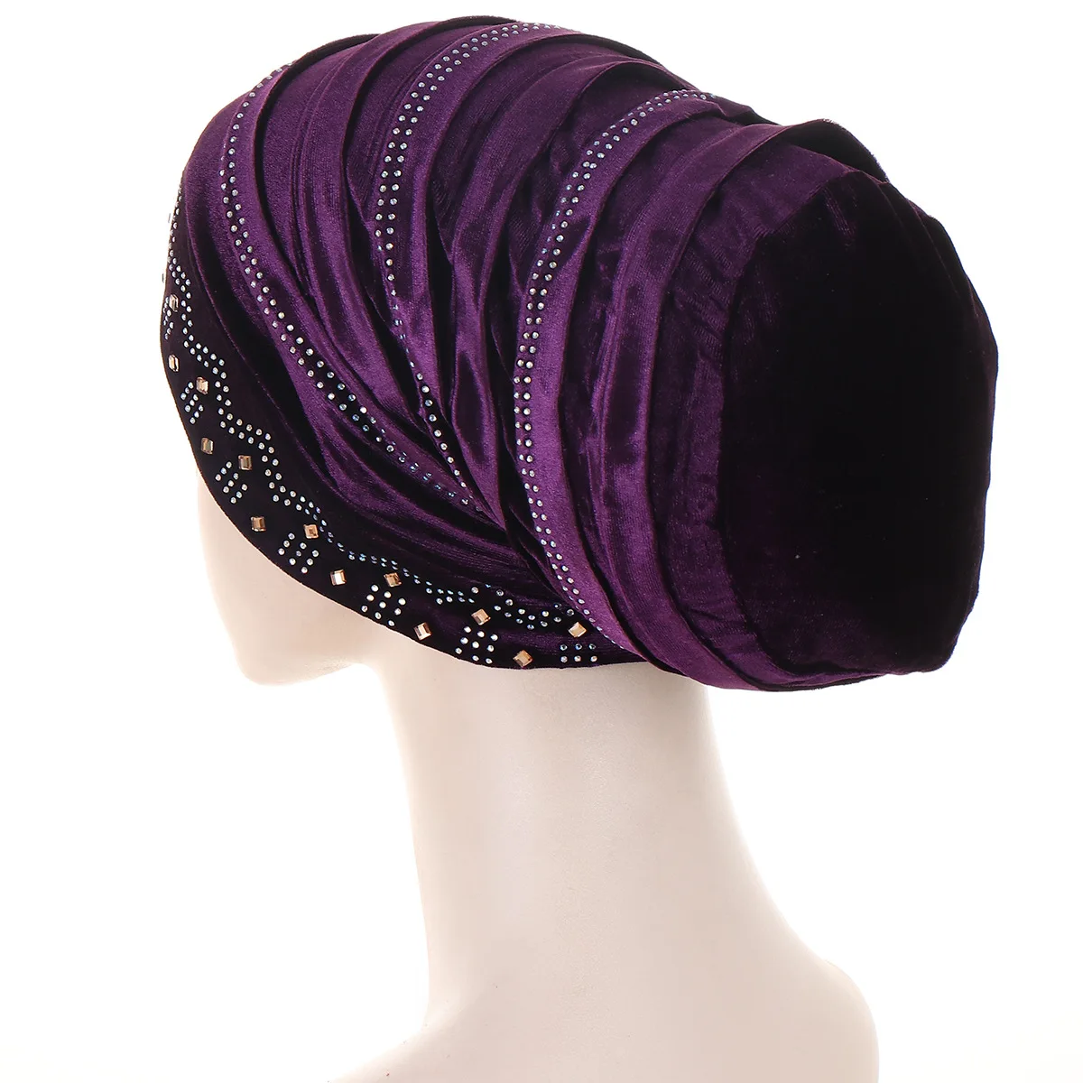 Glitter Diamonds Pleated Turban Cap Women Soft Velvet Head Wraps Caps Muslim Headscarf Bonnet Female Beanie Pullover Cap