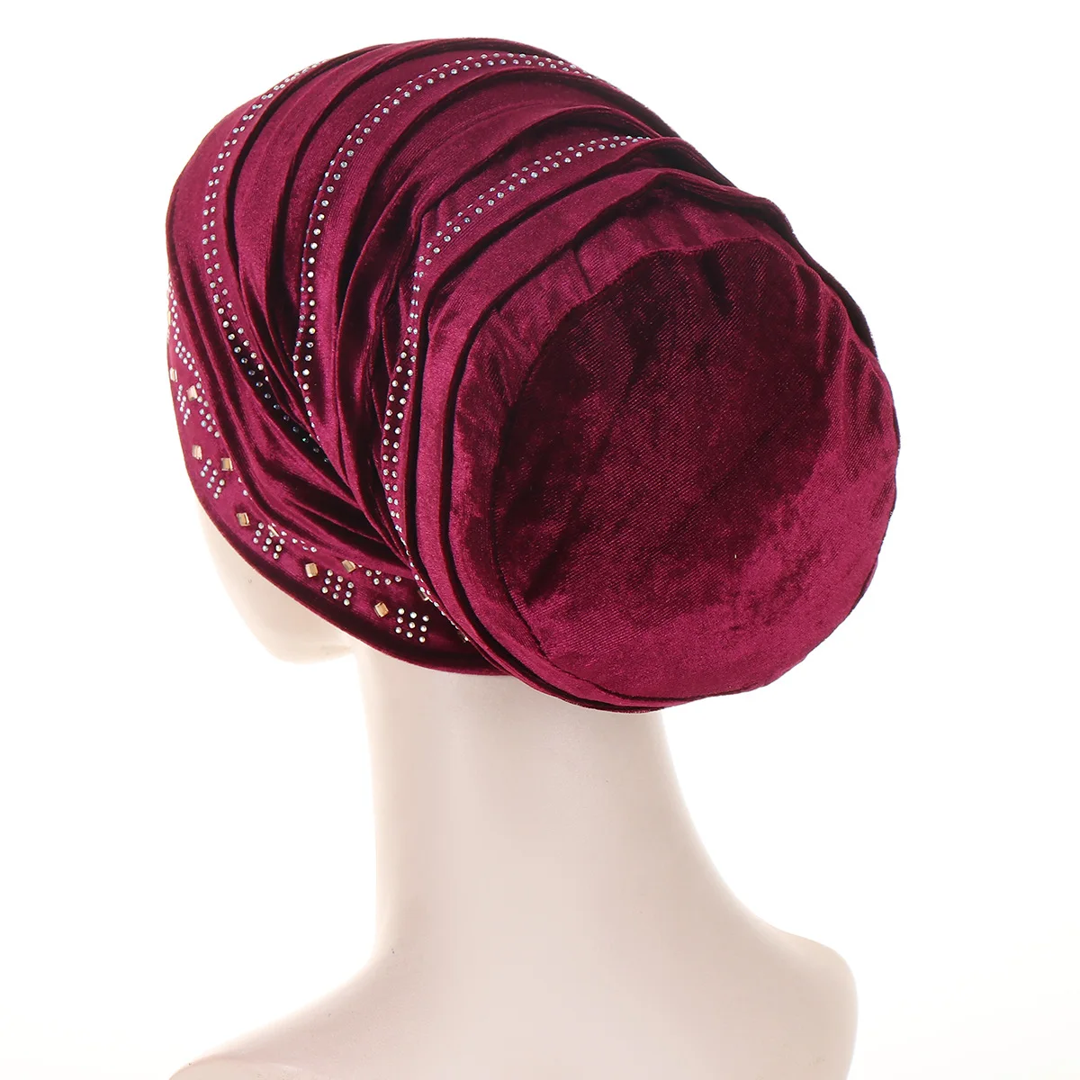 Glitter Diamonds Pleated Turban Cap Women Soft Velvet Head Wraps Caps Muslim Headscarf Bonnet Female Beanie Pullover Cap