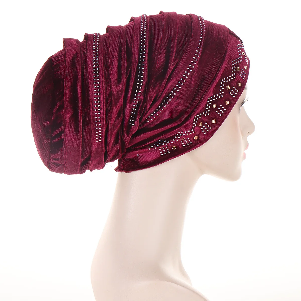 Glitter Diamonds Pleated Turban Cap Women Soft Velvet Head Wraps Caps Muslim Headscarf Bonnet Female Beanie Pullover Cap