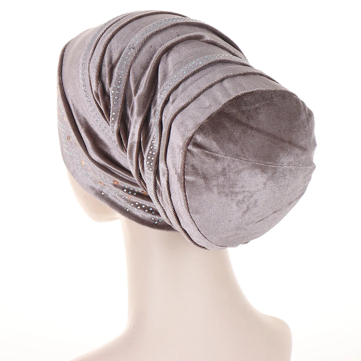 Glitter Diamonds Pleated Turban Cap Women Soft Velvet Head Wraps Caps Muslim Headscarf Bonnet Female Beanie Pullover Cap