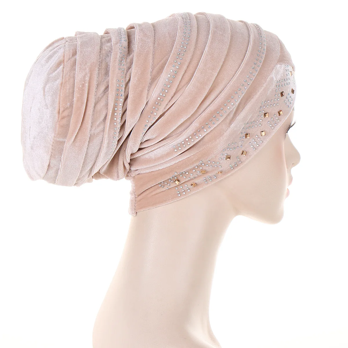 Glitter Diamonds Pleated Turban Cap Women Soft Velvet Head Wraps Caps Muslim Headscarf Bonnet Female Beanie Pullover Cap