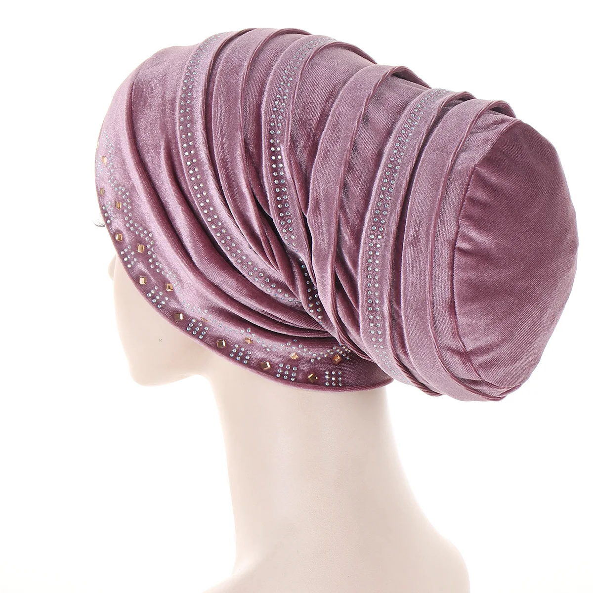Glitter Diamonds Pleated Turban Cap Women Soft Velvet Head Wraps Caps Muslim Headscarf Bonnet Female Beanie Pullover Cap