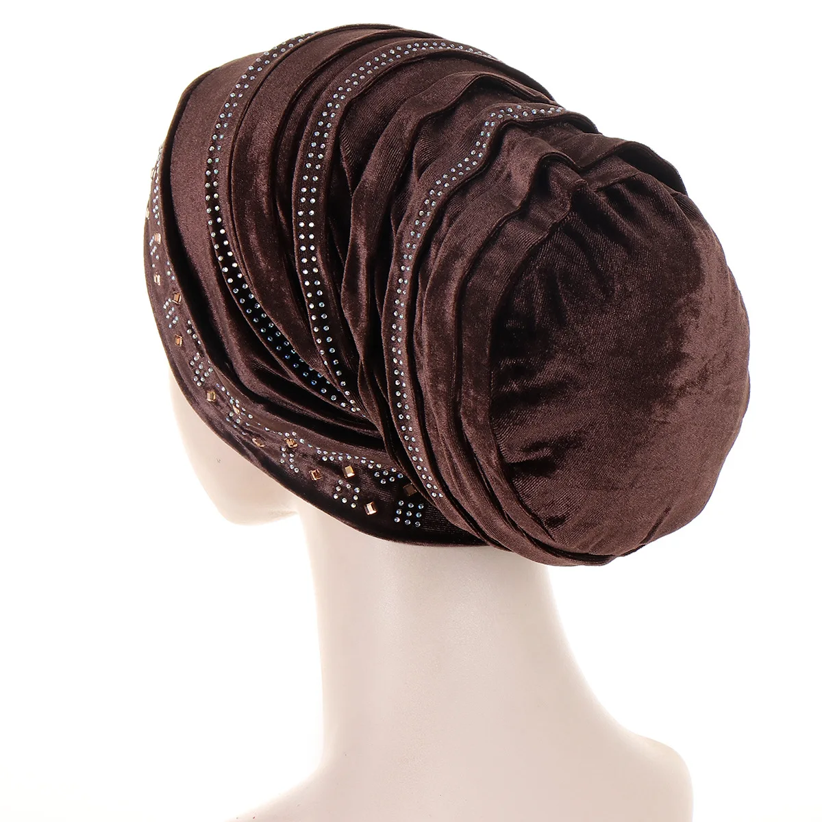 Glitter Diamonds Pleated Turban Cap Women Soft Velvet Head Wraps Caps Muslim Headscarf Bonnet Female Beanie Pullover Cap