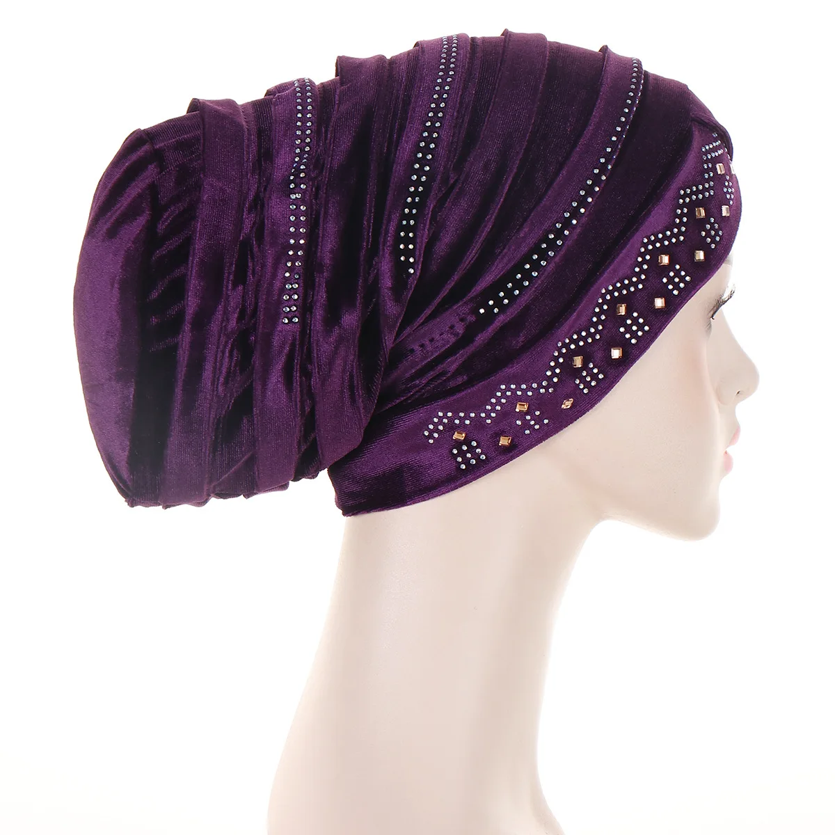 Glitter Diamonds Pleated Turban Cap Women Soft Velvet Head Wraps Caps Muslim Headscarf Bonnet Female Beanie Pullover Cap