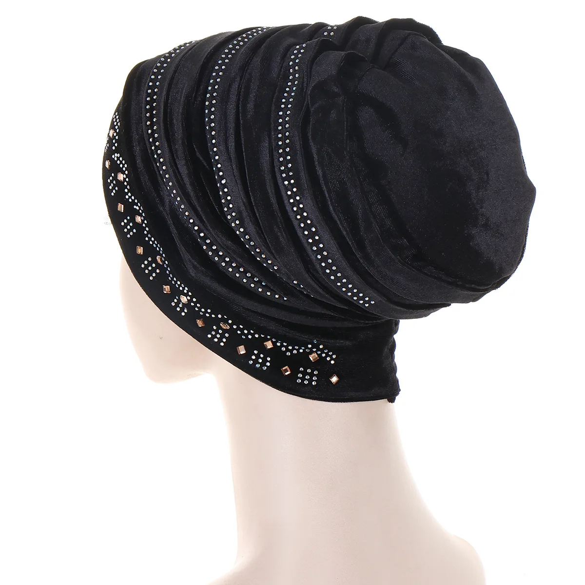 Glitter Diamonds Pleated Turban Cap Women Soft Velvet Head Wraps Caps Muslim Headscarf Bonnet Female Beanie Pullover Cap