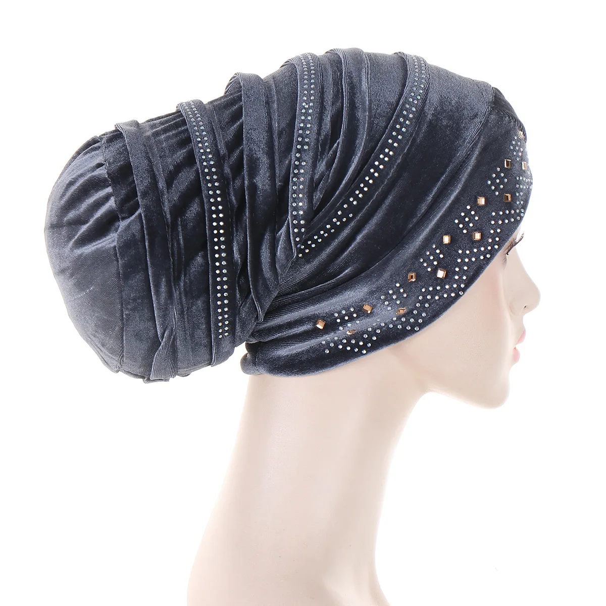 Glitter Diamonds Pleated Turban Cap Women Soft Velvet Head Wraps Caps Muslim Headscarf Bonnet Female Beanie Pullover Cap