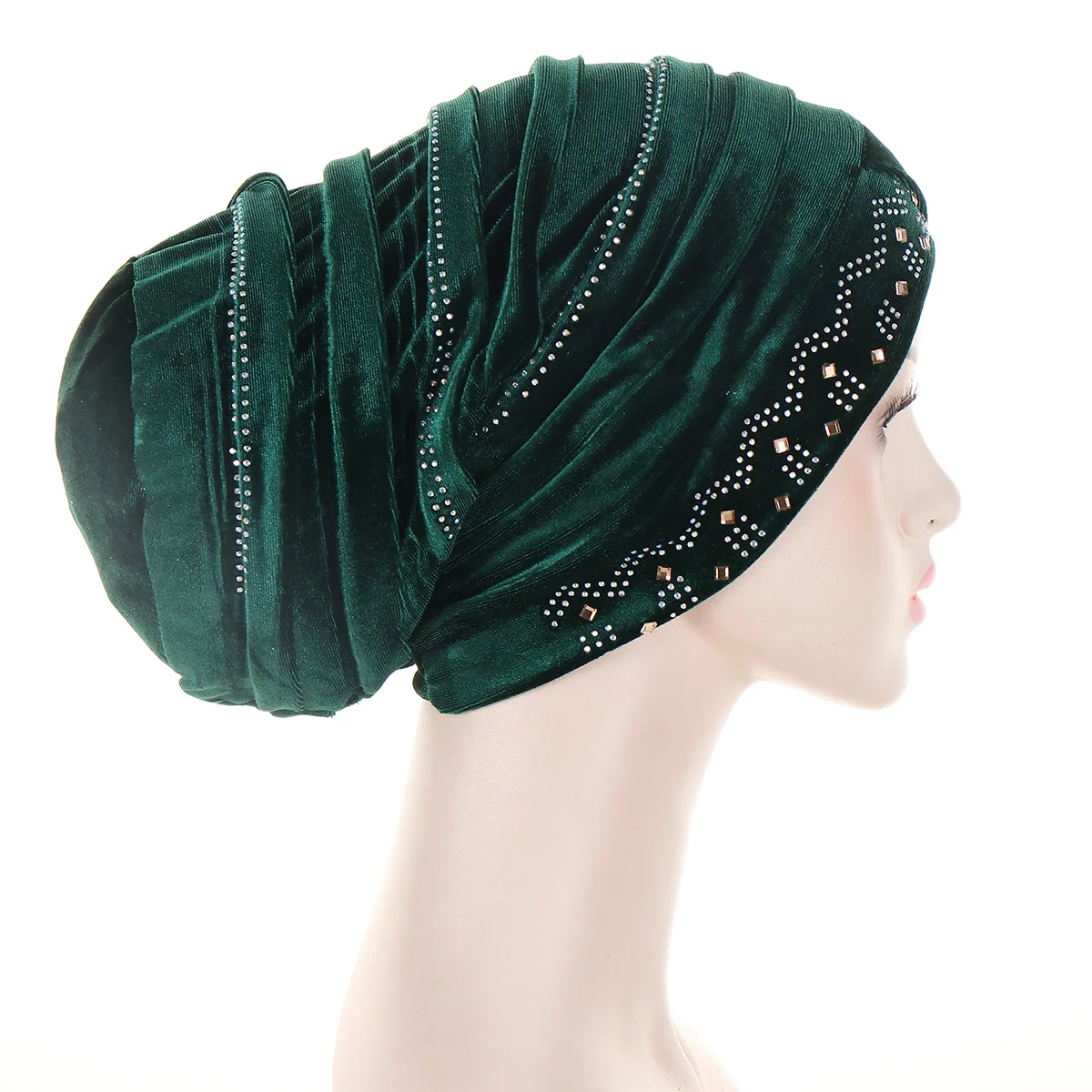 Glitter Diamonds Pleated Turban Cap Women Soft Velvet Head Wraps Caps Muslim Headscarf Bonnet Female Beanie Pullover Cap