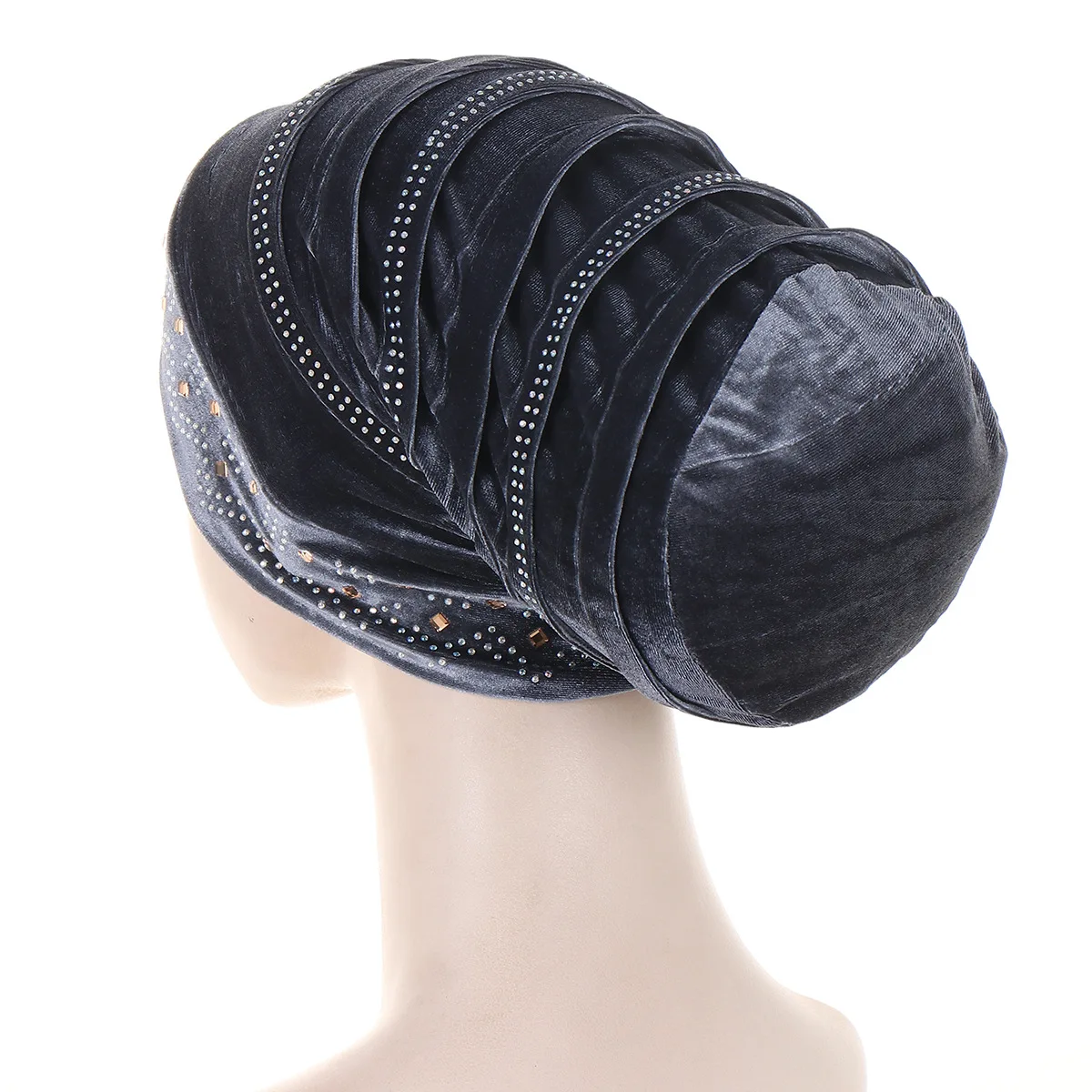 Glitter Diamonds Pleated Turban Cap Women Soft Velvet Head Wraps Caps Muslim Headscarf Bonnet Female Beanie Pullover Cap